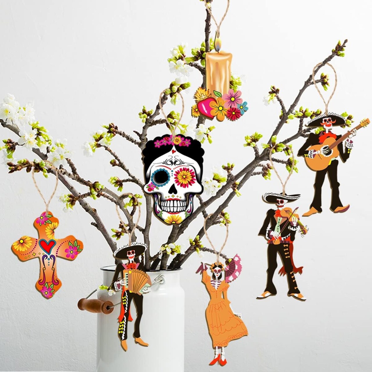 Dia De Los Muertos Decorations-30Pcs Day of the Dead Wood Ornaments Sugar Skull Hanging Wooden Sign